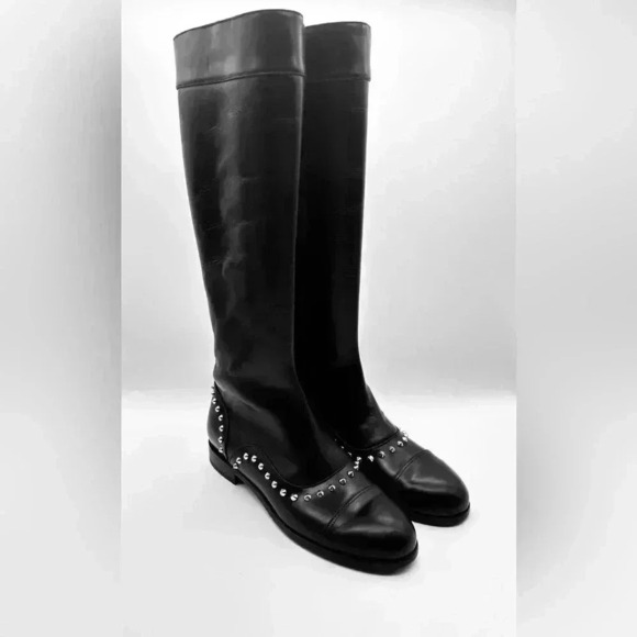 ALEXANDER McQUEEN Black Leather Metal Stud Detail Round-Toe Knee Boots 38 New* - Picture 2 of 16